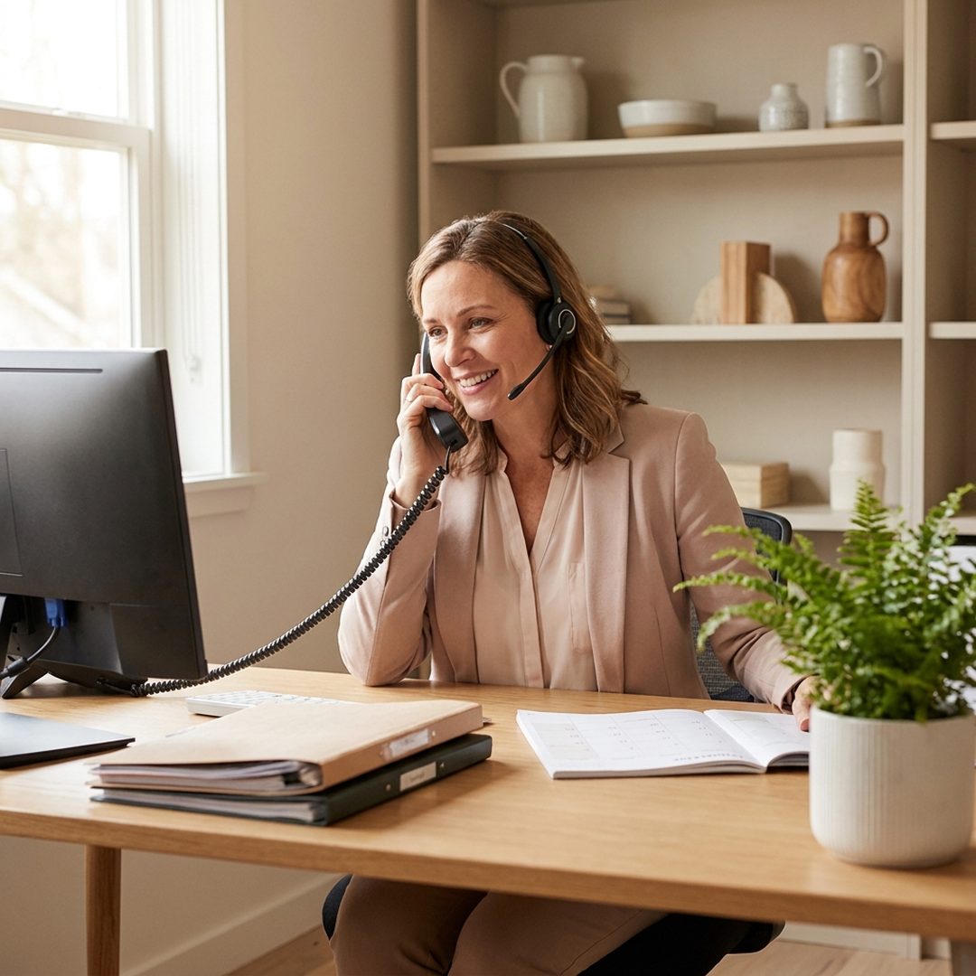 Büromitarbeiterin am Telefon im Büro von Graupner